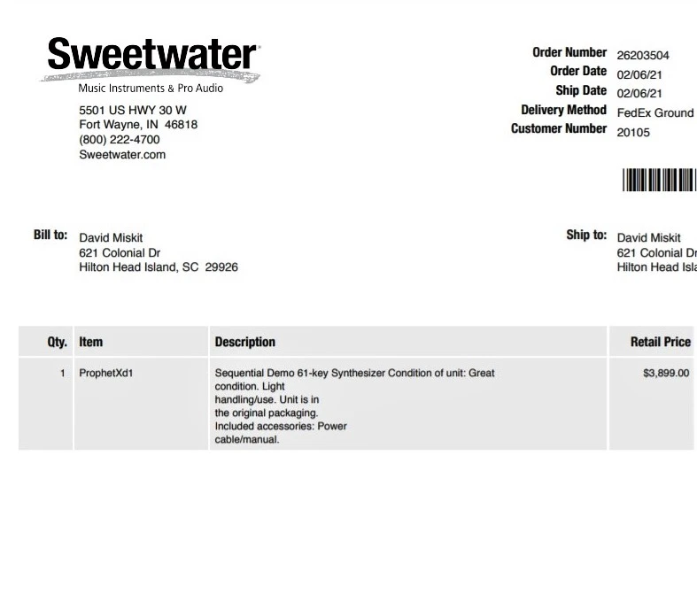 Prophet X - Sweetwater receipt.webp